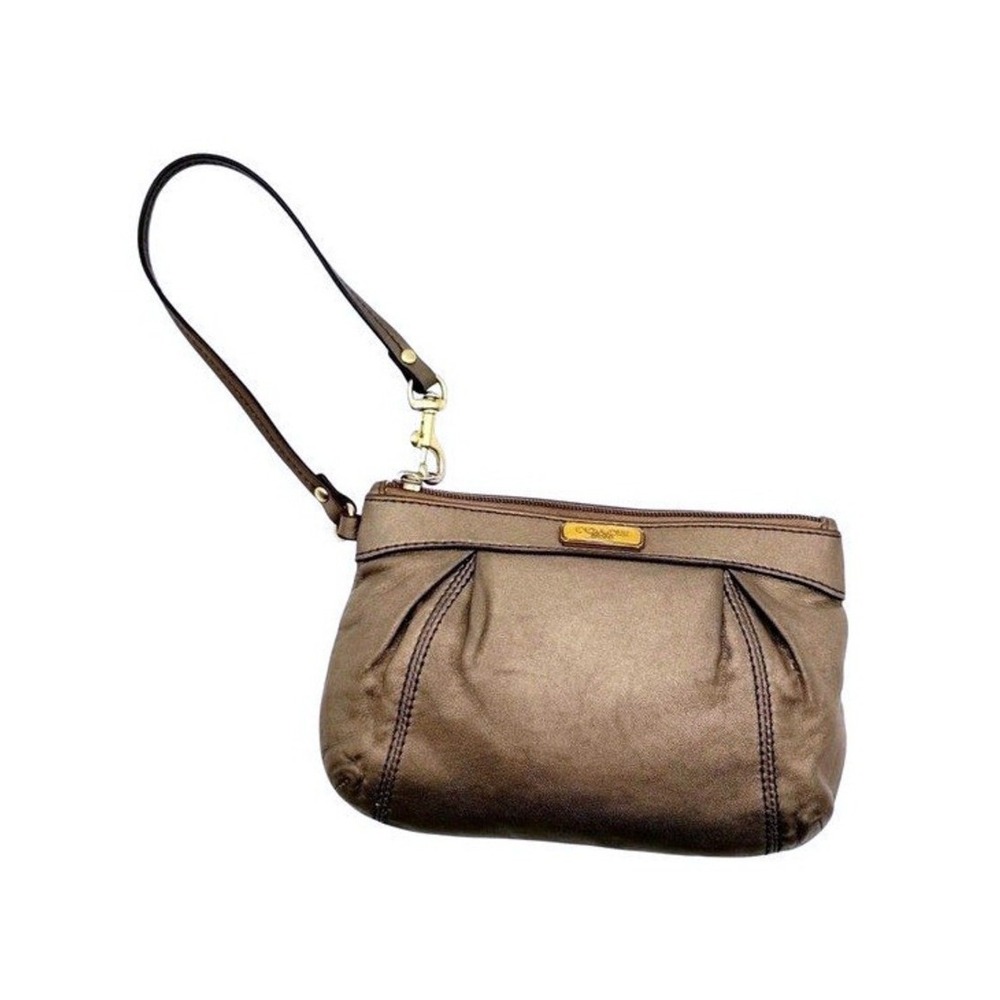 Coach Metallic Bronze Leather Wristlet Clutch Pleated Gold Hardware Purse